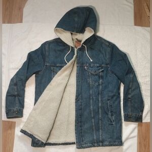 LEVIS Strauss Heavy Winter Jean Denim Parka Warm Sherpa Lined Hooded Jacket - LG
